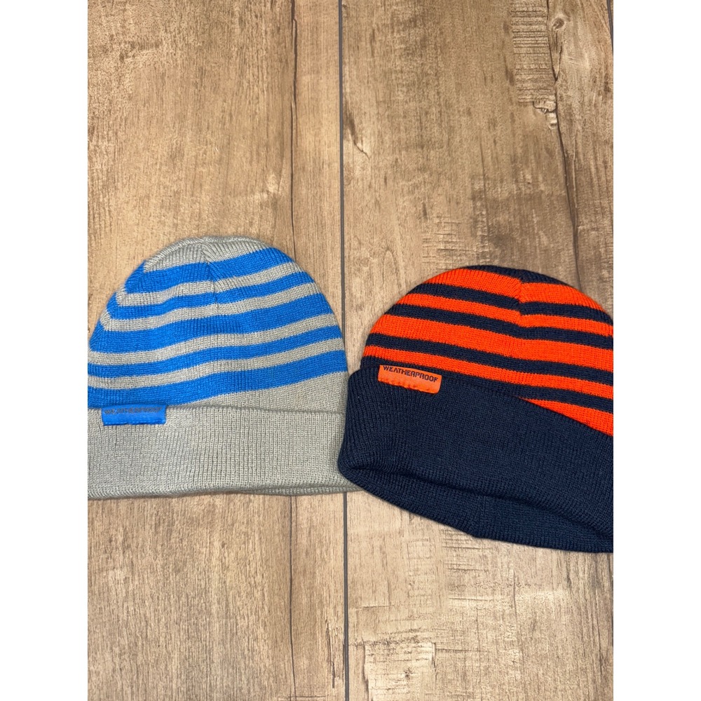 Weatherproof Kids Beanies 2 Pack Blue‎ Gray Orange Navy Striped Winter Hats